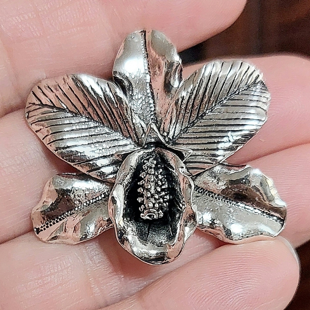 Orchid flower silver necklace pendant